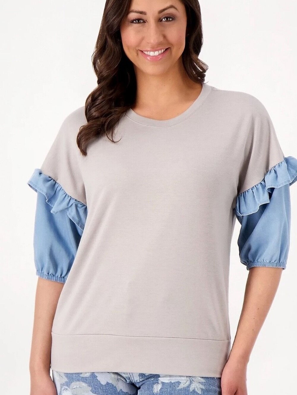 Laurie Felt Boxy Top Blue Ruffle Sleeves  French Terry Romantic Sz M Flowy
